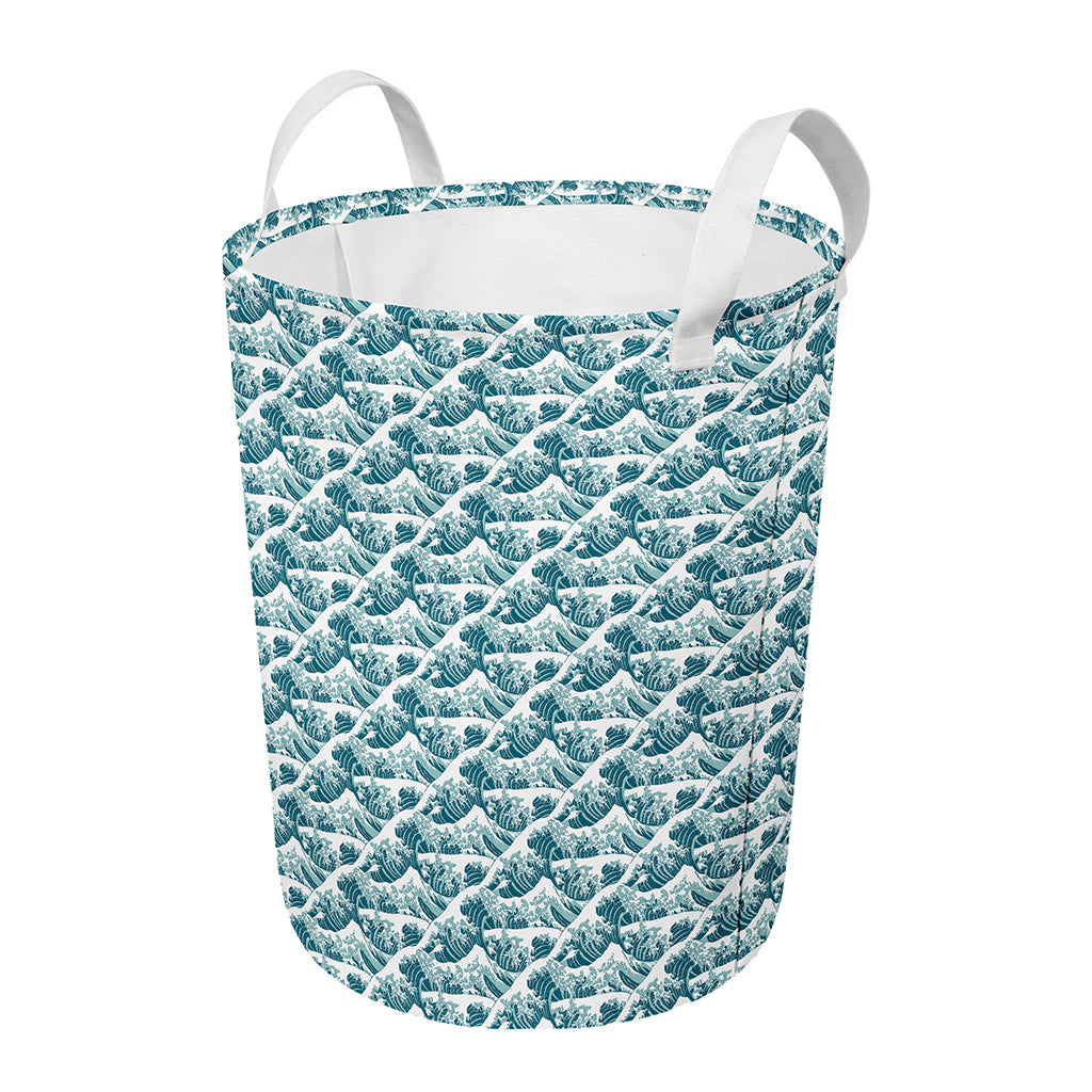 Japanese Kanagawa Wave Pattern Print Round Laundry Basket
