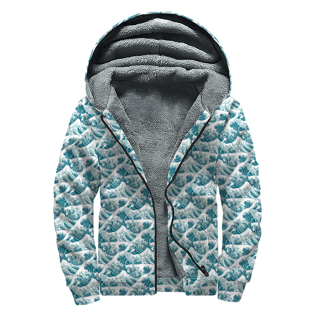 Japanese Kanagawa Wave Pattern Print Sherpa Lined Zip Up Hoodie