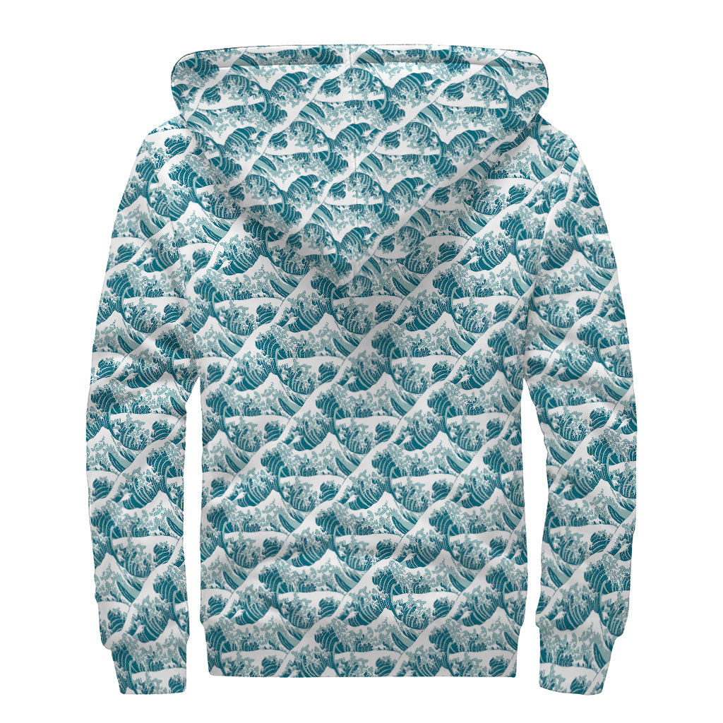 Japanese Kanagawa Wave Pattern Print Sherpa Lined Zip Up Hoodie