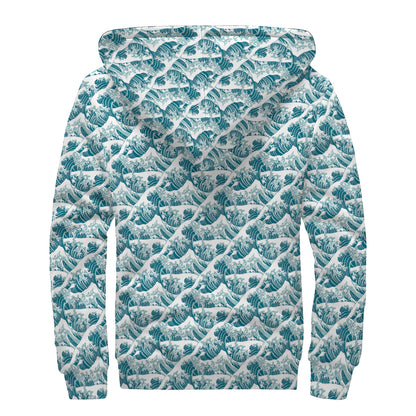 Japanese Kanagawa Wave Pattern Print Sherpa Lined Zip Up Hoodie