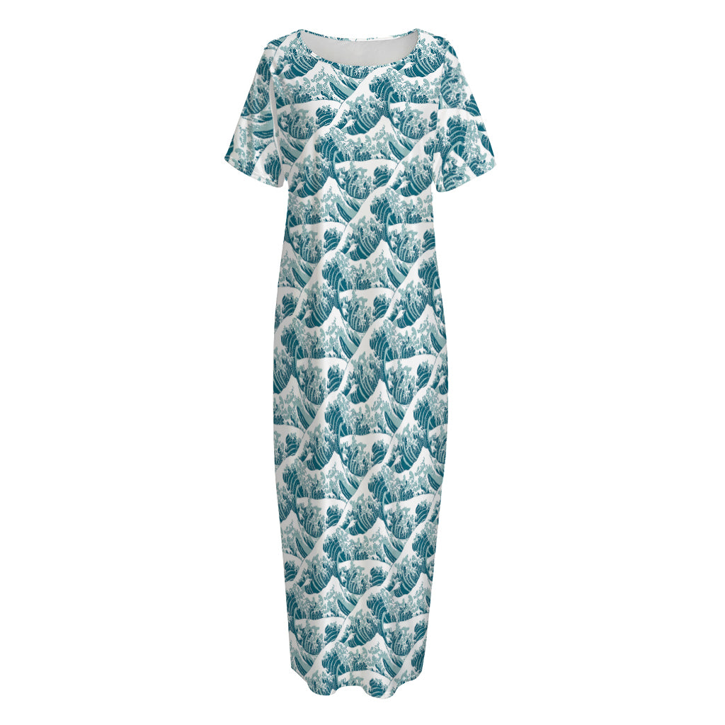 Japanese Kanagawa Wave Pattern Print Short Sleeve Long Nightdress