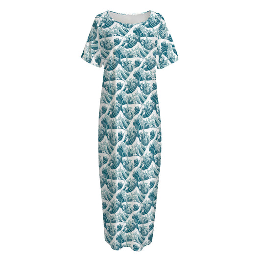 Japanese Kanagawa Wave Pattern Print Short Sleeve Long Nightdress
