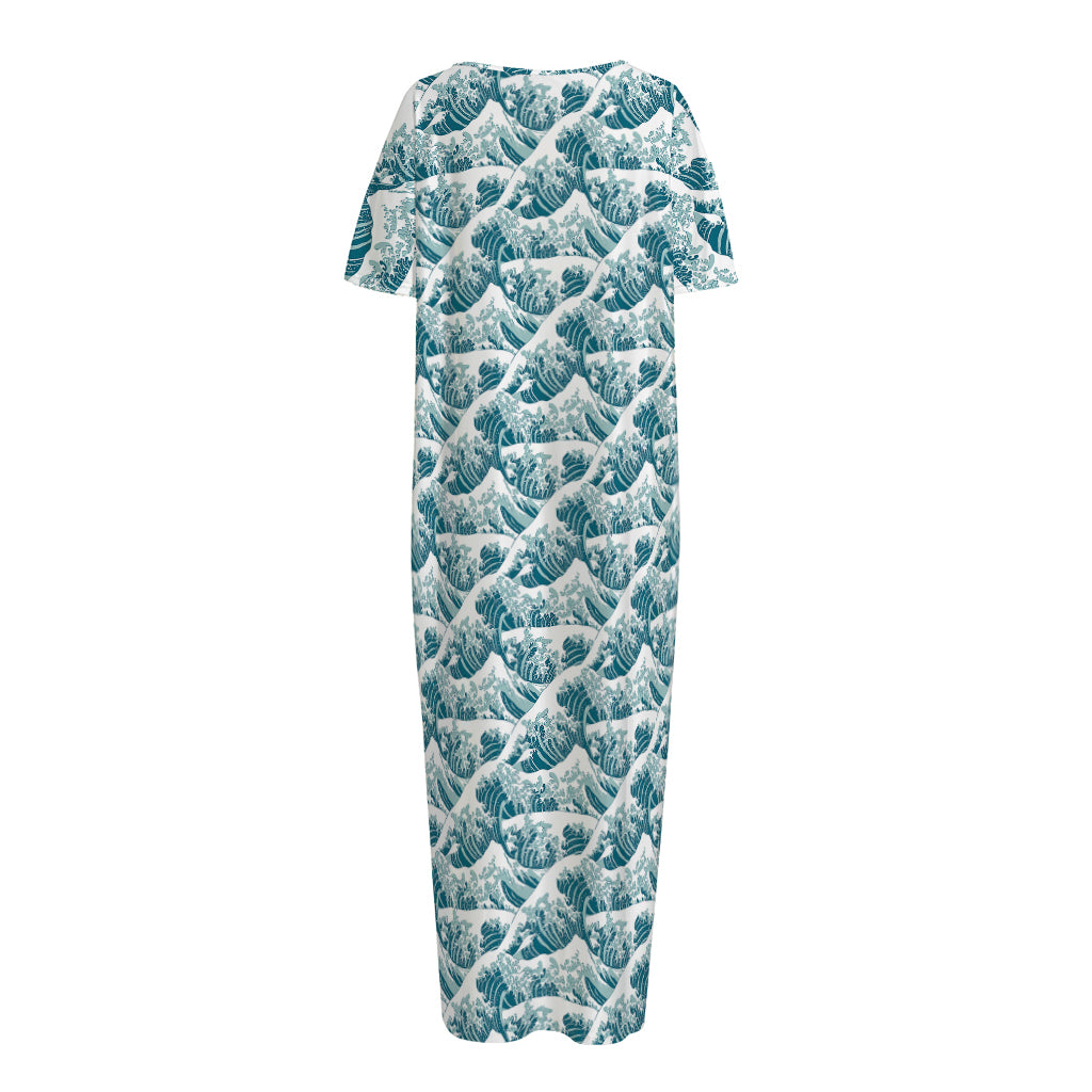 Japanese Kanagawa Wave Pattern Print Short Sleeve Long Nightdress