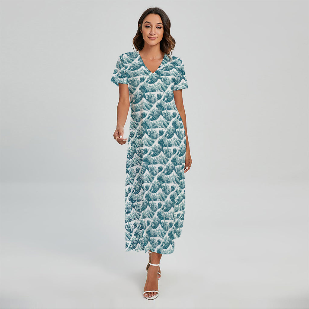 Japanese Kanagawa Wave Pattern Print Short Sleeve Maxi Dress
