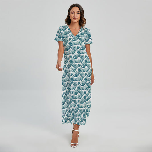 Japanese Kanagawa Wave Pattern Print Short Sleeve Maxi Dress