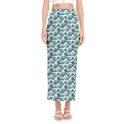 Japanese Kanagawa Wave Pattern Print Side Slit Maxi Skirt