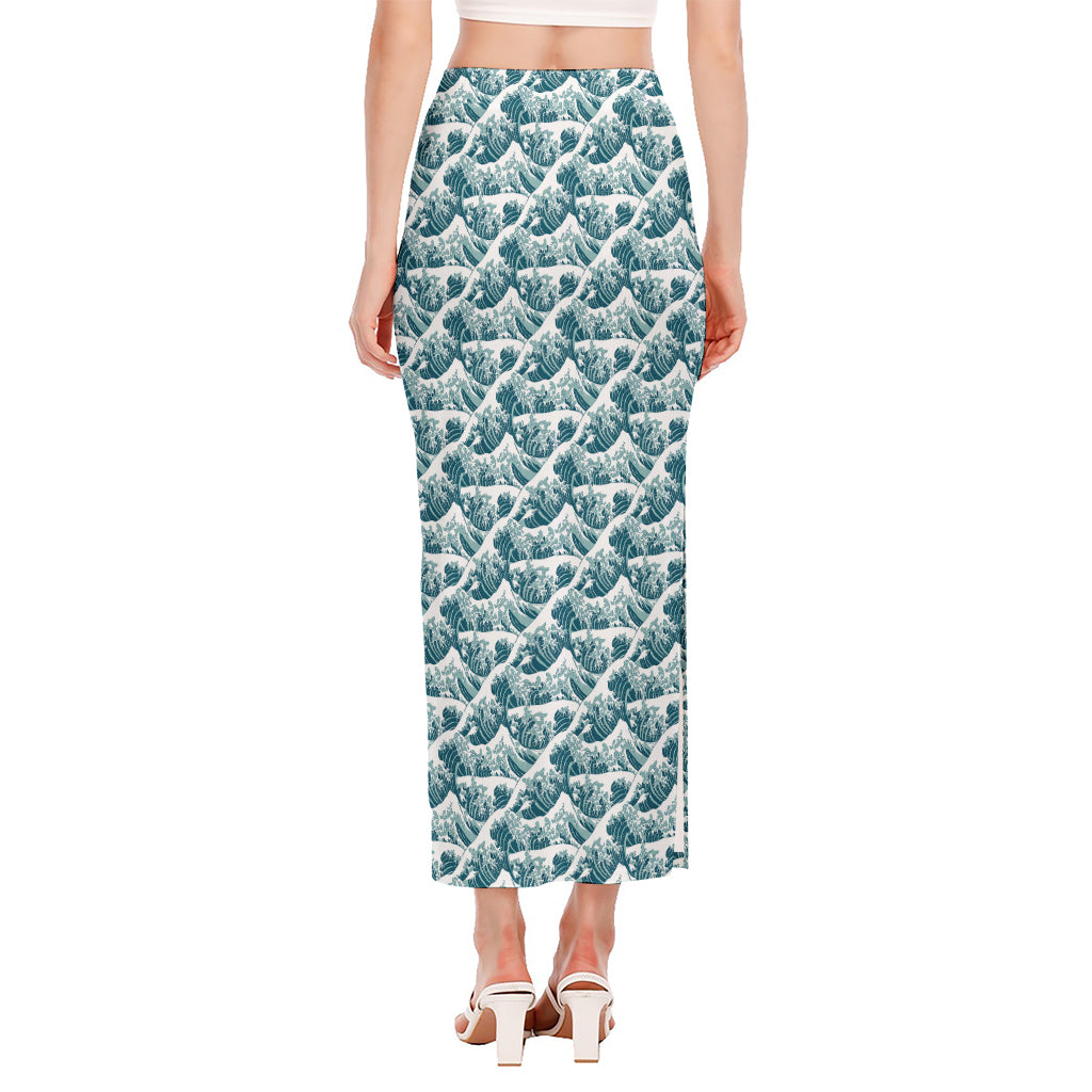 Japanese Kanagawa Wave Pattern Print Side Slit Maxi Skirt