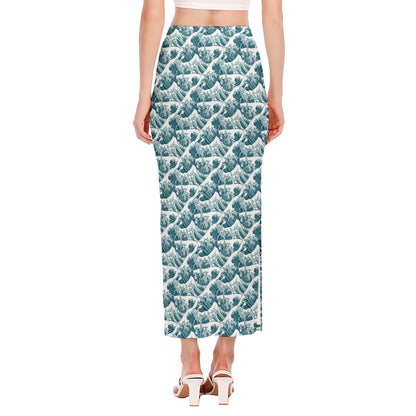Japanese Kanagawa Wave Pattern Print Side Slit Maxi Skirt