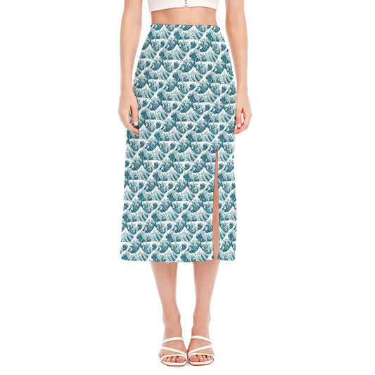 Japanese Kanagawa Wave Pattern Print Side Slit Midi Skirt