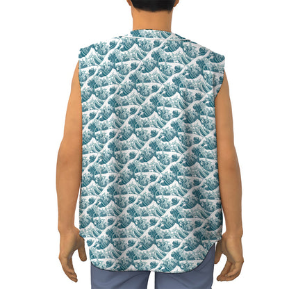 Japanese Kanagawa Wave Pattern Print Sleeveless Baseball Jersey