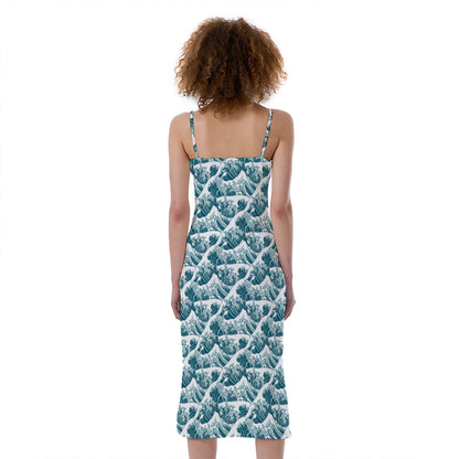 Japanese Kanagawa Wave Pattern Print Slim Fit Midi Cami Dress