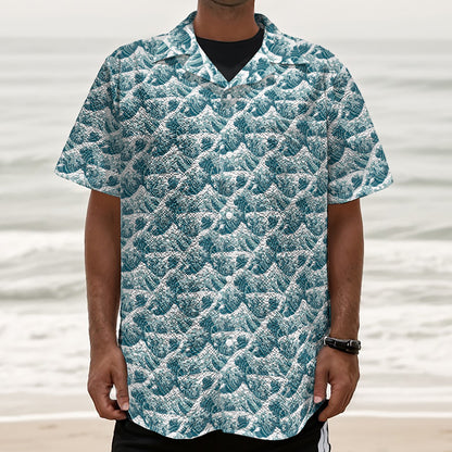 Japanese Kanagawa Wave Pattern Print Textured Short Sleeve Shirt