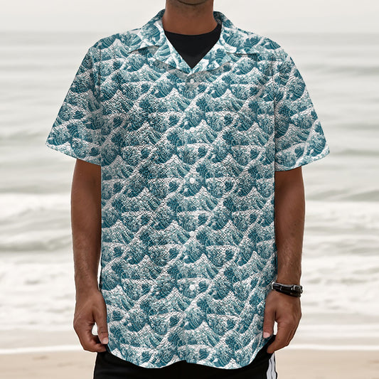 Japanese Kanagawa Wave Pattern Print Textured Short Sleeve Shirt
