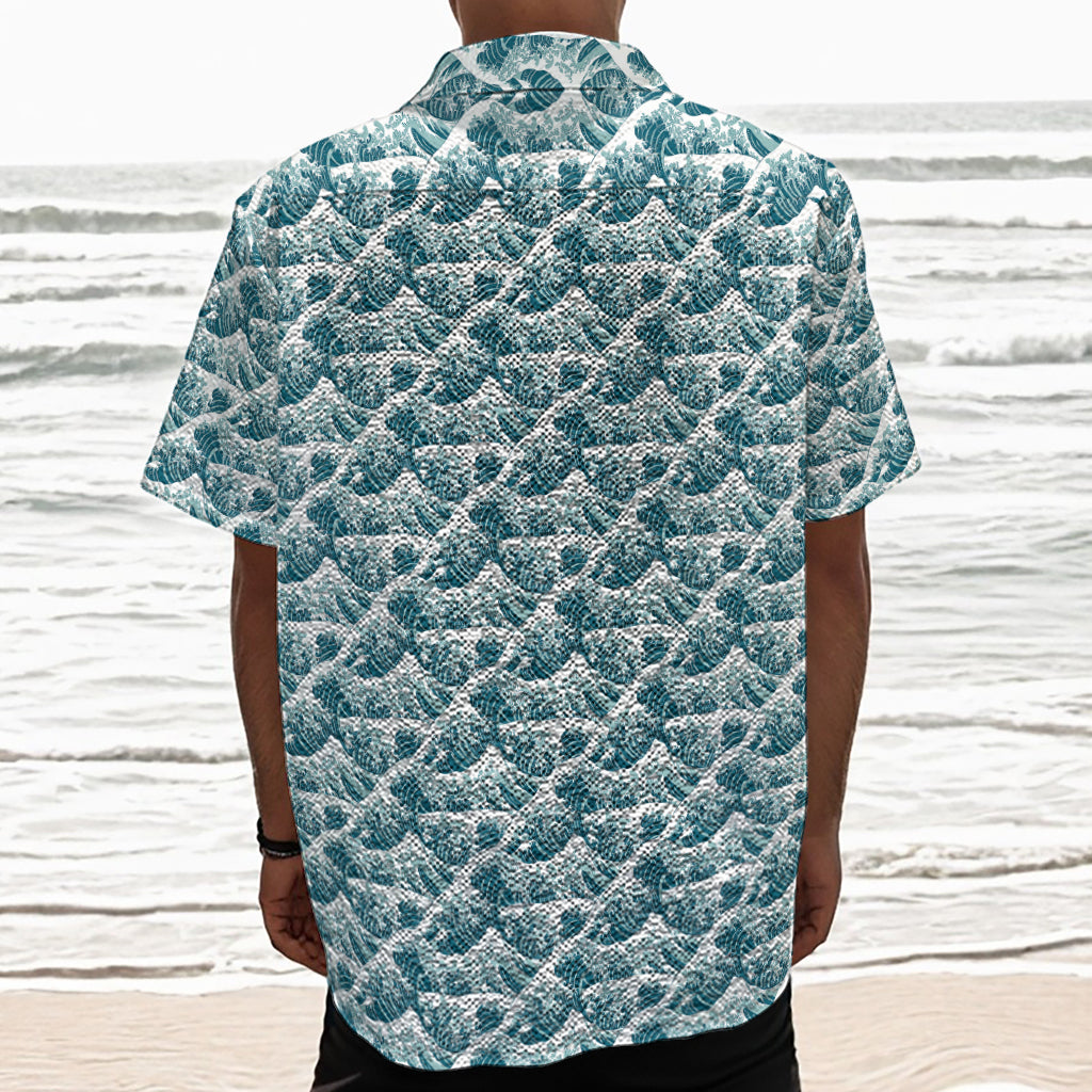 Japanese Kanagawa Wave Pattern Print Textured Short Sleeve Shirt