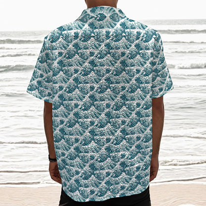 Japanese Kanagawa Wave Pattern Print Textured Short Sleeve Shirt