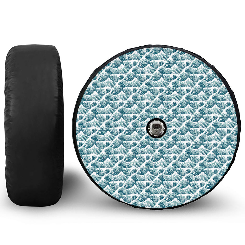 Japanese Kanagawa Wave Pattern Print Tire Cover With Camera Hole