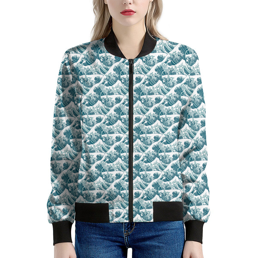 Japanese Kanagawa Wave Pattern Print Women's Bomber Jacket