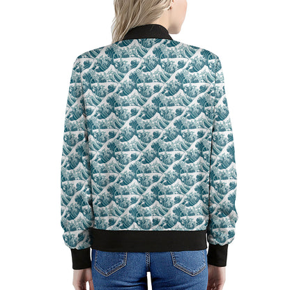 Japanese Kanagawa Wave Pattern Print Women's Bomber Jacket