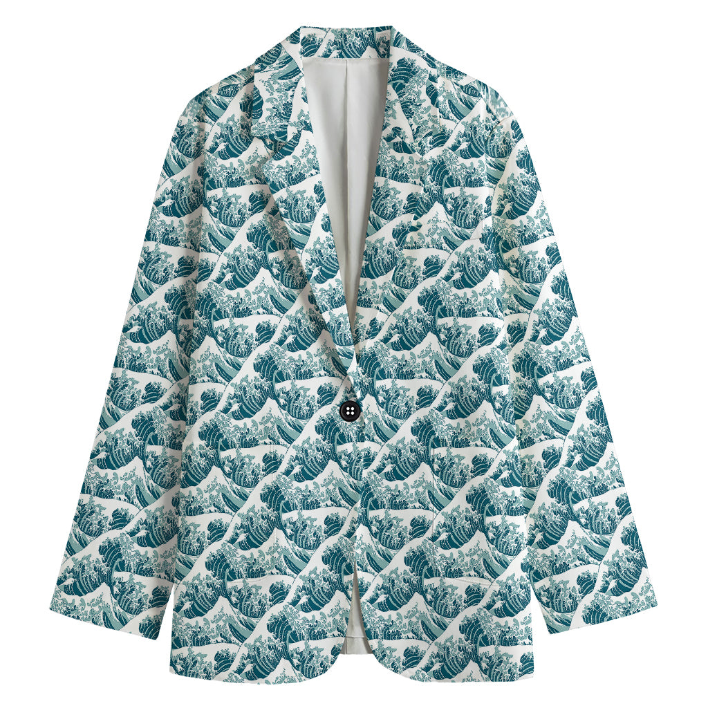 Japanese Kanagawa Wave Pattern Print Women's Cotton Blazer