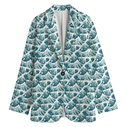 Japanese Kanagawa Wave Pattern Print Women's Cotton Blazer