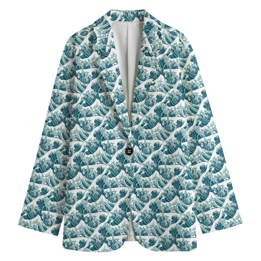 Japanese Kanagawa Wave Pattern Print Women's Cotton Blazer