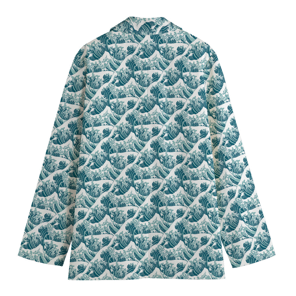 Japanese Kanagawa Wave Pattern Print Women's Cotton Blazer