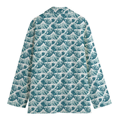 Japanese Kanagawa Wave Pattern Print Women's Cotton Blazer