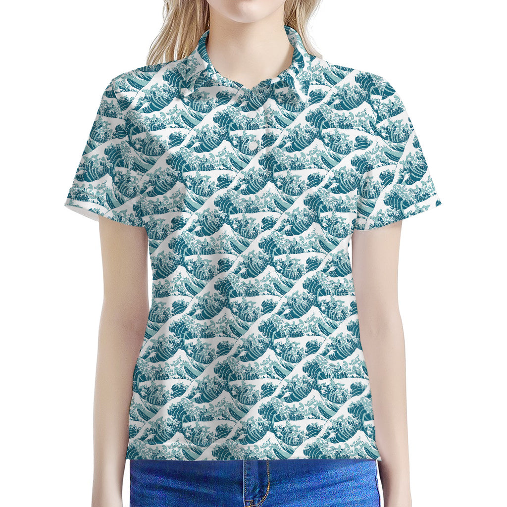 Japanese Kanagawa Wave Pattern Print Women's Polo Shirt