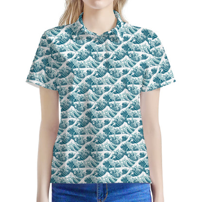 Japanese Kanagawa Wave Pattern Print Women's Polo Shirt