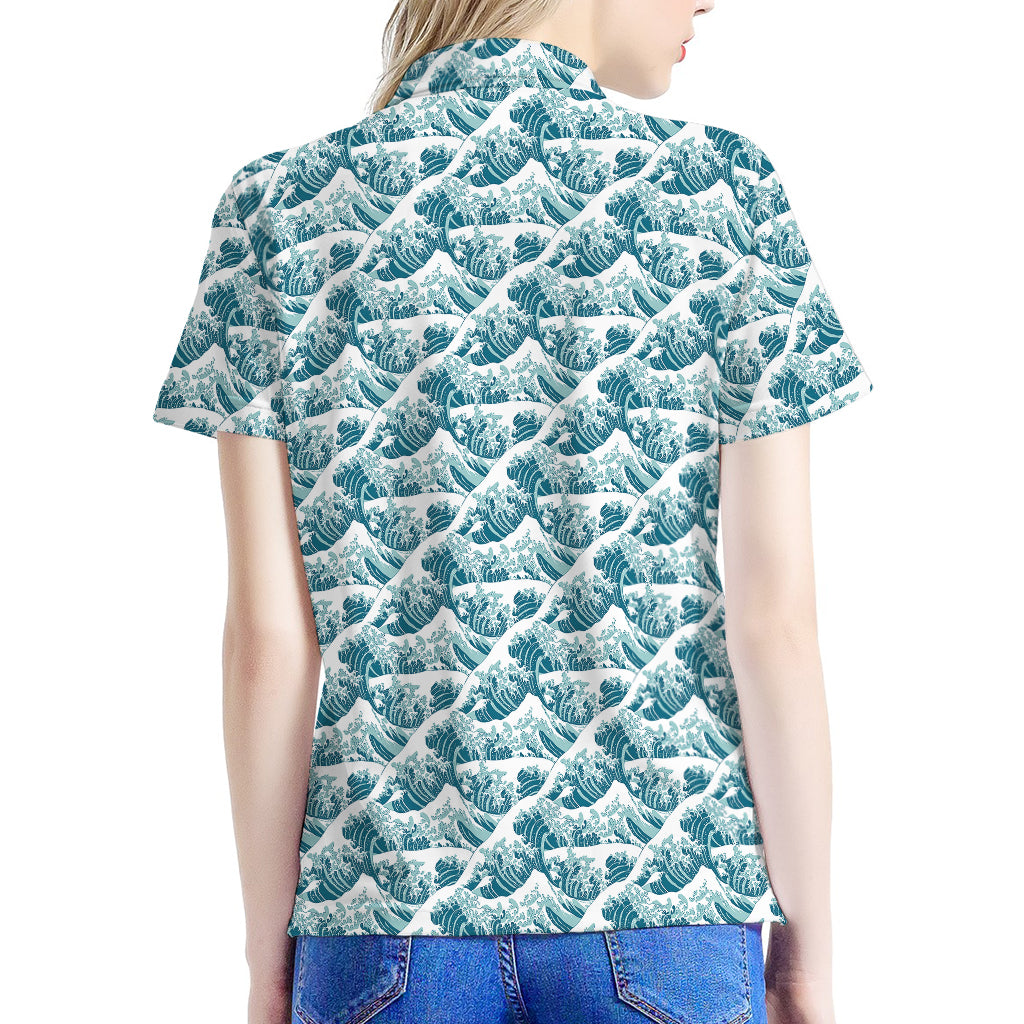 Japanese Kanagawa Wave Pattern Print Women's Polo Shirt