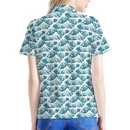 Japanese Kanagawa Wave Pattern Print Women's Polo Shirt