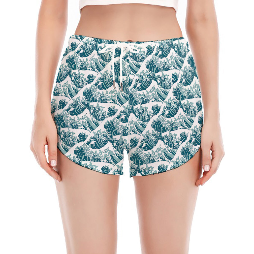 Japanese Kanagawa Wave Pattern Print Women's Split Running Shorts