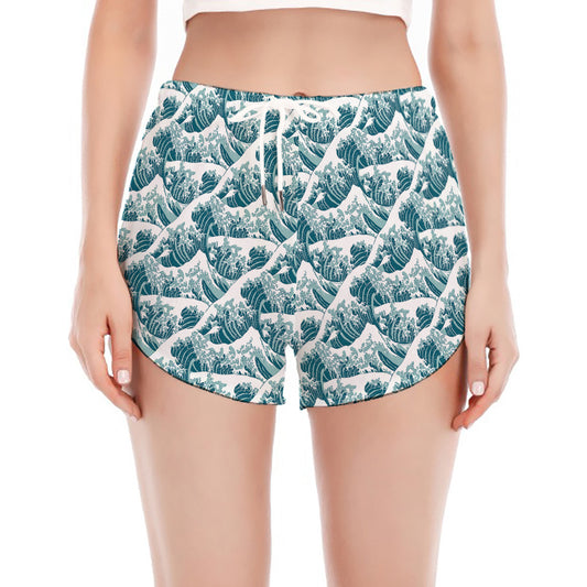 Japanese Kanagawa Wave Pattern Print Women's Split Running Shorts