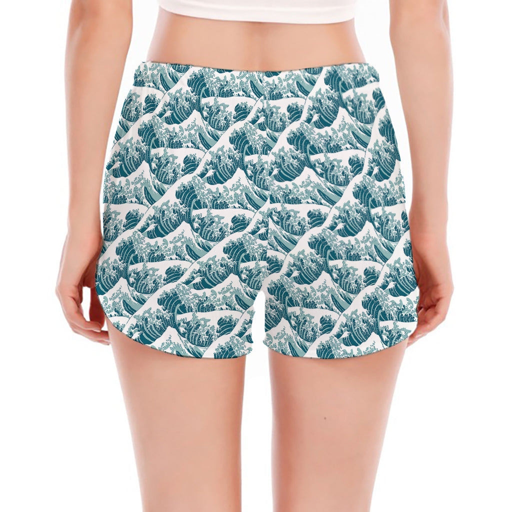 Japanese Kanagawa Wave Pattern Print Women's Split Running Shorts