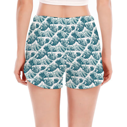 Japanese Kanagawa Wave Pattern Print Women's Split Running Shorts