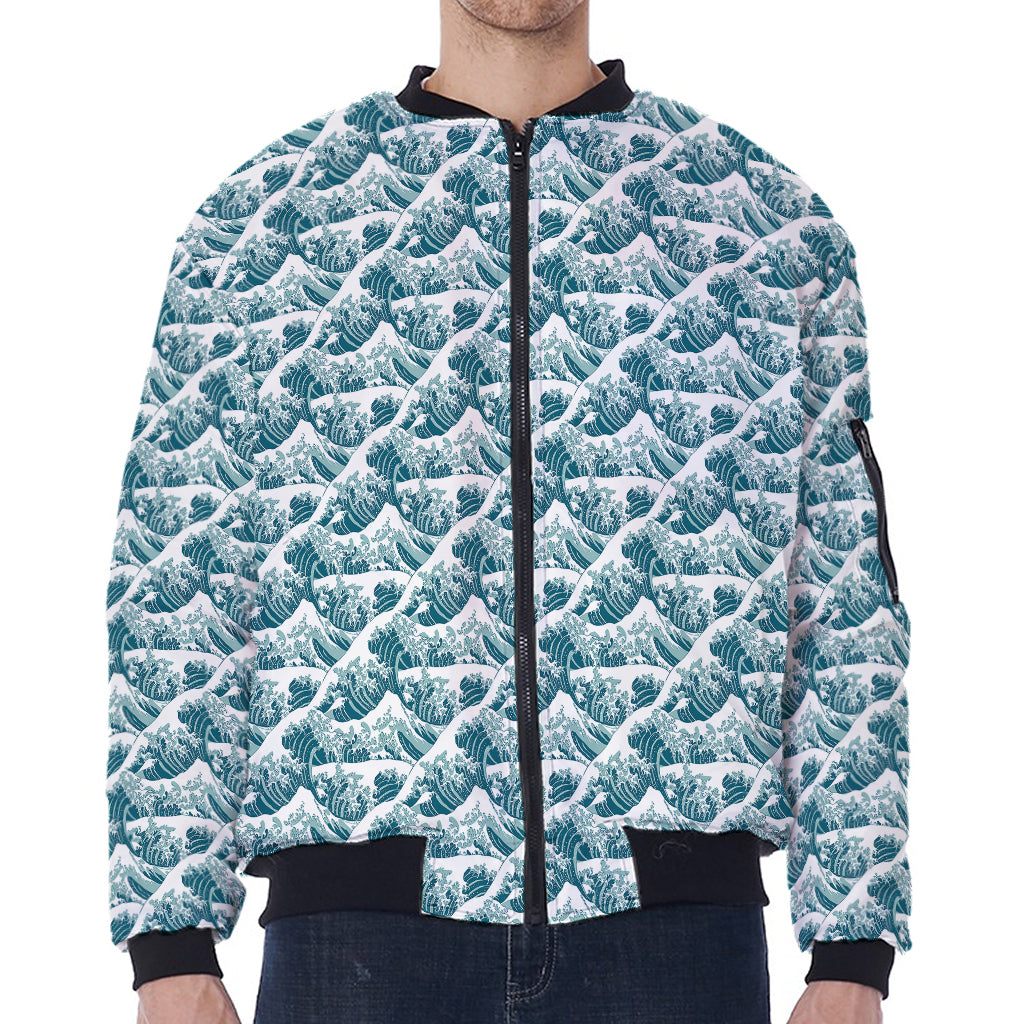 Japanese Kanagawa Wave Pattern Print Zip Sleeve Bomber Jacket