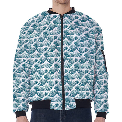 Japanese Kanagawa Wave Pattern Print Zip Sleeve Bomber Jacket