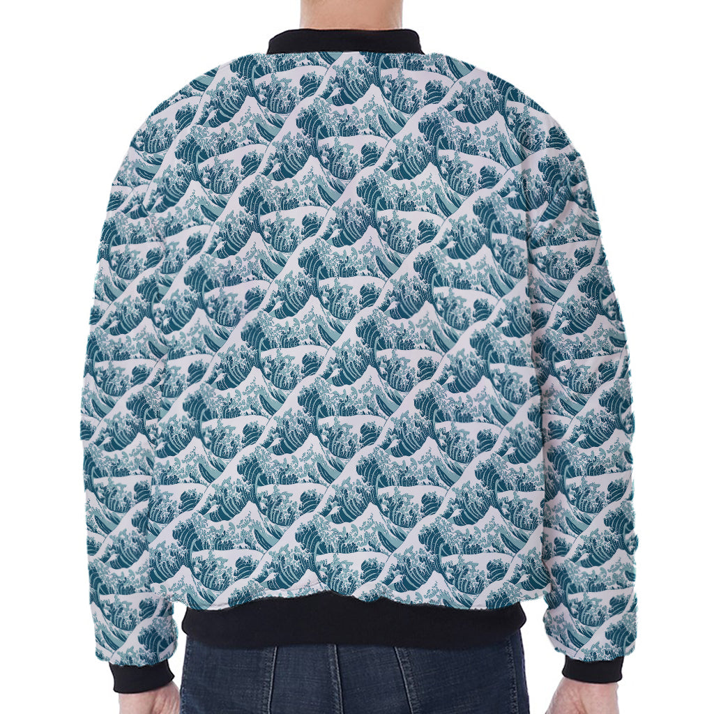 Japanese Kanagawa Wave Pattern Print Zip Sleeve Bomber Jacket