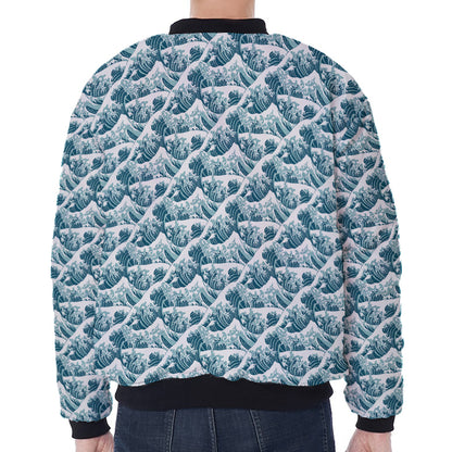Japanese Kanagawa Wave Pattern Print Zip Sleeve Bomber Jacket