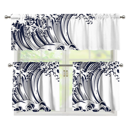 Japanese Kanagawa Wave Print 3 Piece Kitchen Curtains