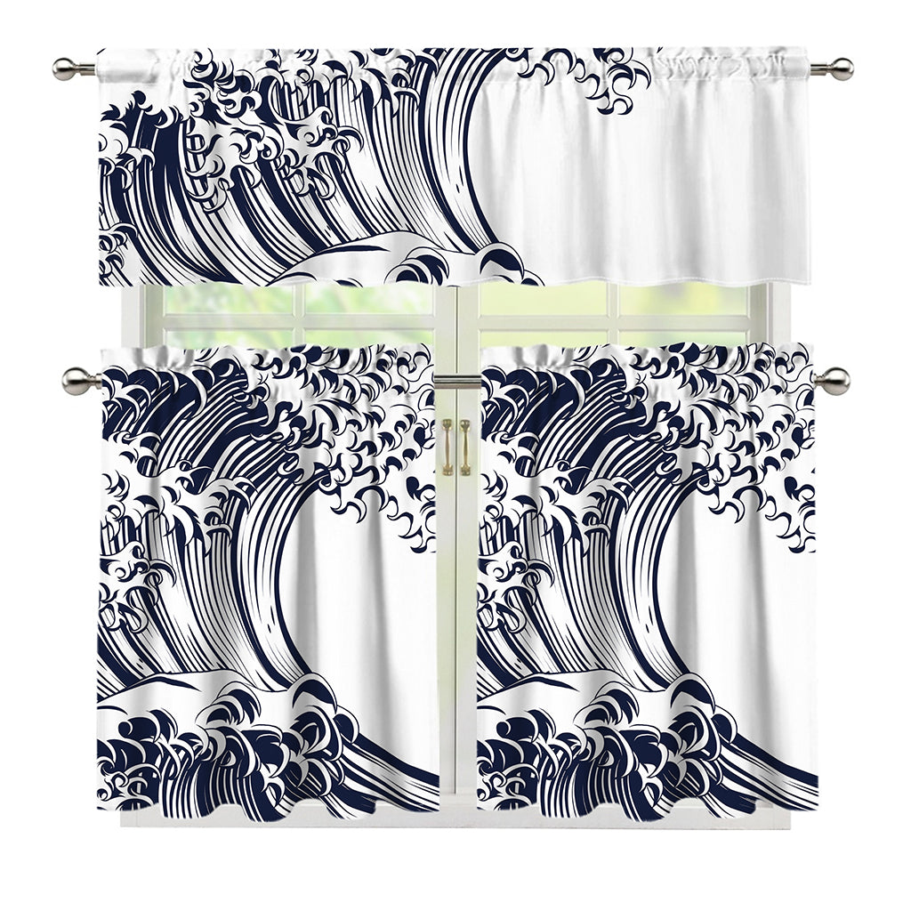 Japanese Kanagawa Wave Print 3 Piece Kitchen Curtains