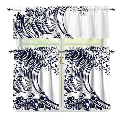 Japanese Kanagawa Wave Print 3 Piece Kitchen Curtains