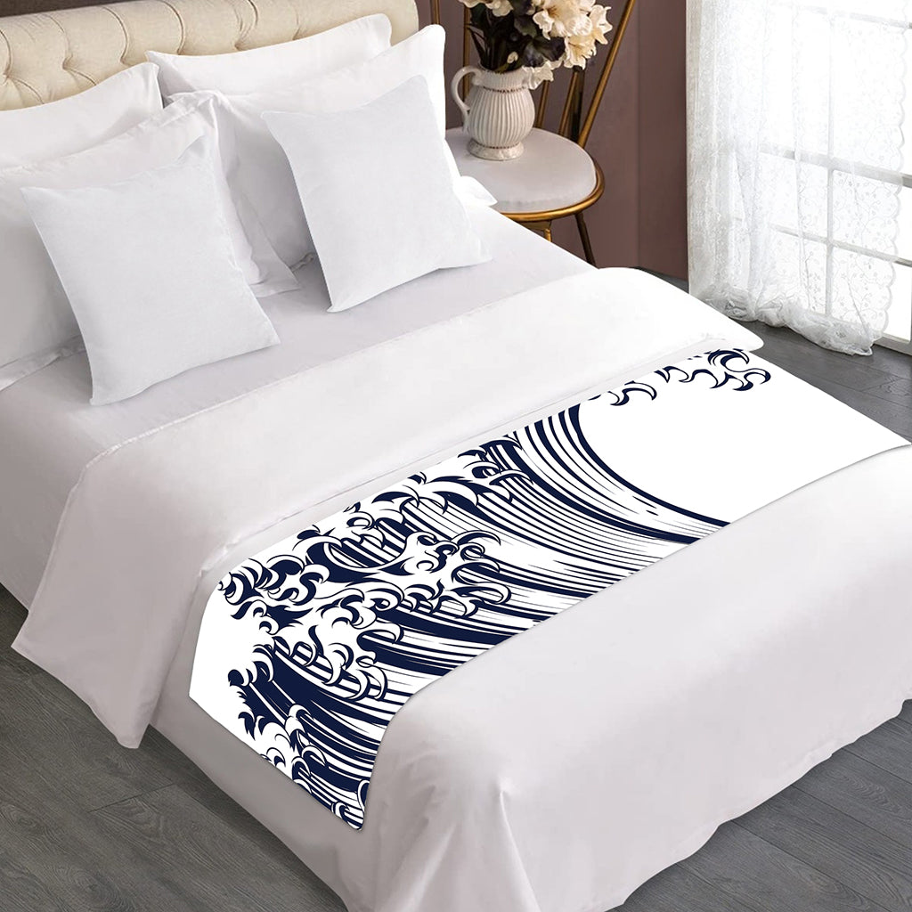 Japanese Kanagawa Wave Print Bed Runner