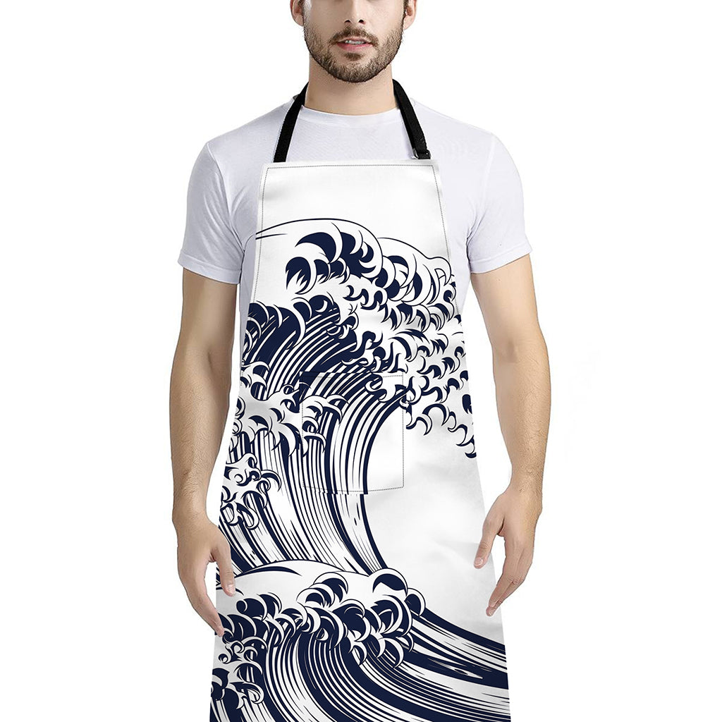 Japanese Kanagawa Wave Print Bib Apron With Pocket