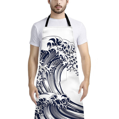 Japanese Kanagawa Wave Print Bib Apron With Pocket