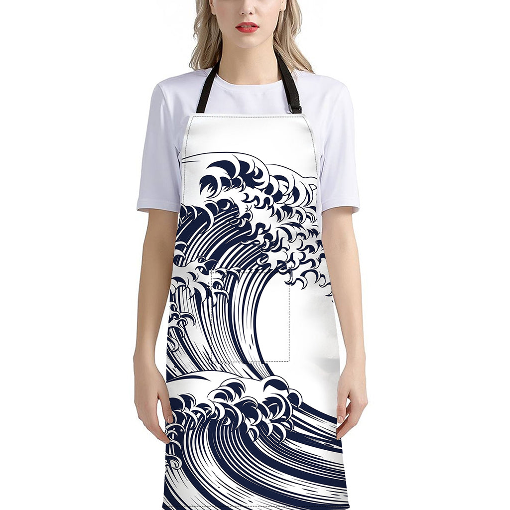 Japanese Kanagawa Wave Print Bib Apron With Pocket