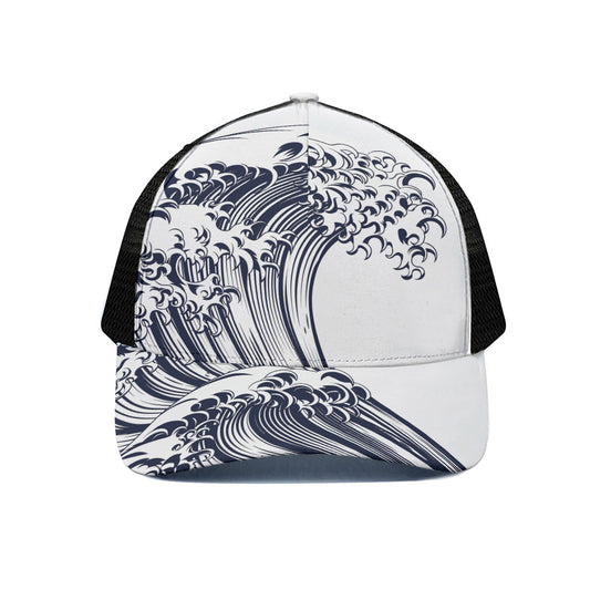 Japanese Kanagawa Wave Print Black Mesh Trucker Cap