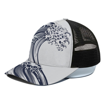 Japanese Kanagawa Wave Print Black Mesh Trucker Cap