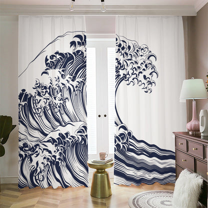 Japanese Kanagawa Wave Print Blackout Pencil Pleat Curtains