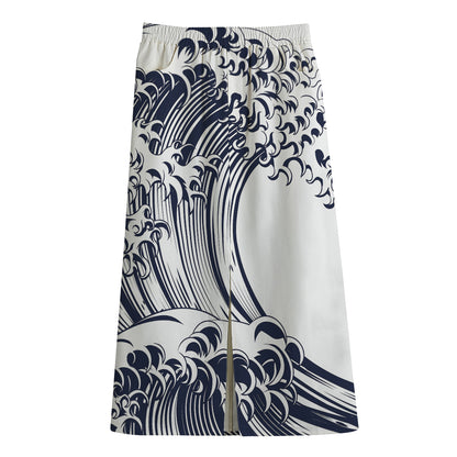 Japanese Kanagawa Wave Print Cotton Front Slit Maxi Skirt